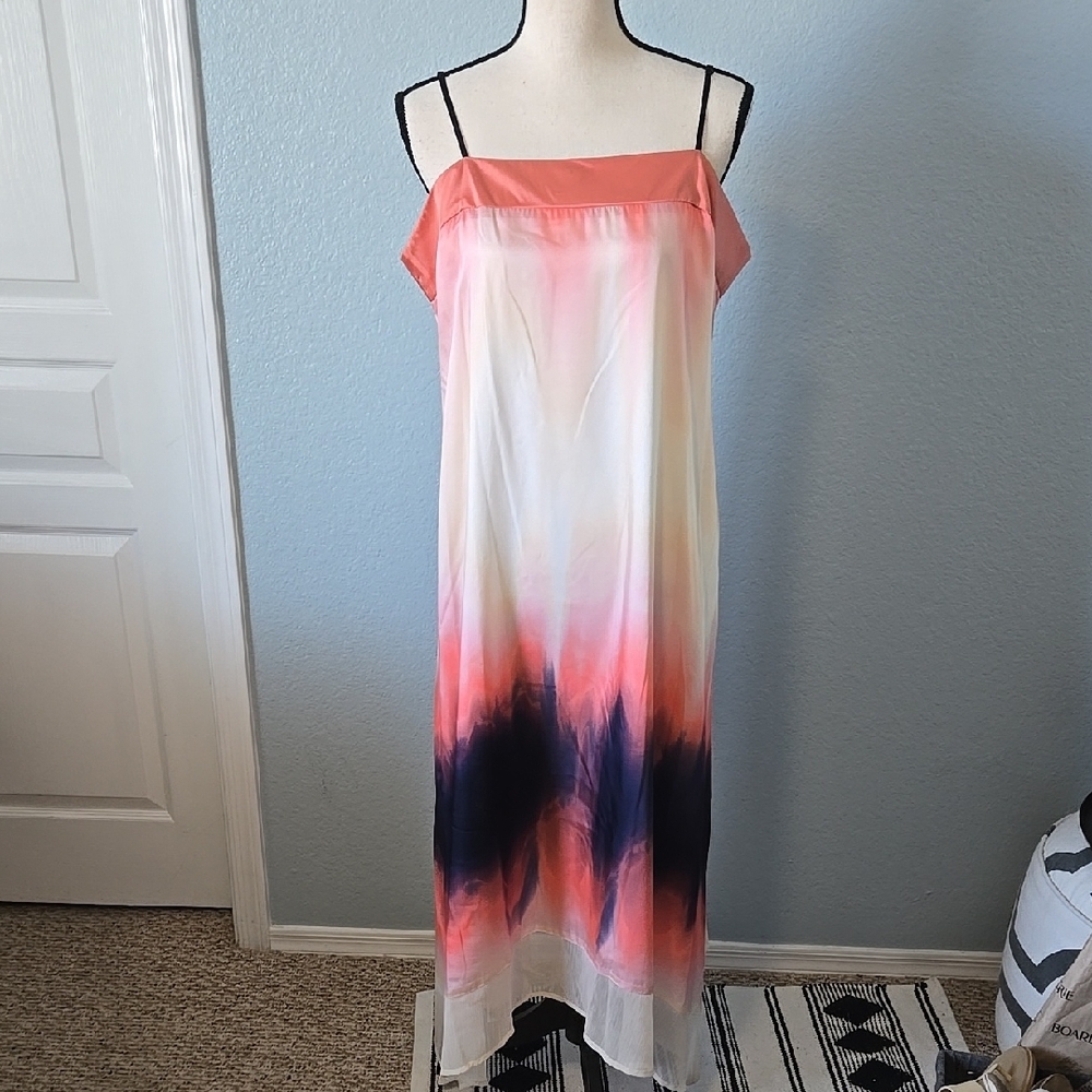 DKNY Tie Dye Print Asymmetric Midi Dressi Sz LARGE Peach Blue Boho - Picture 2 of 16